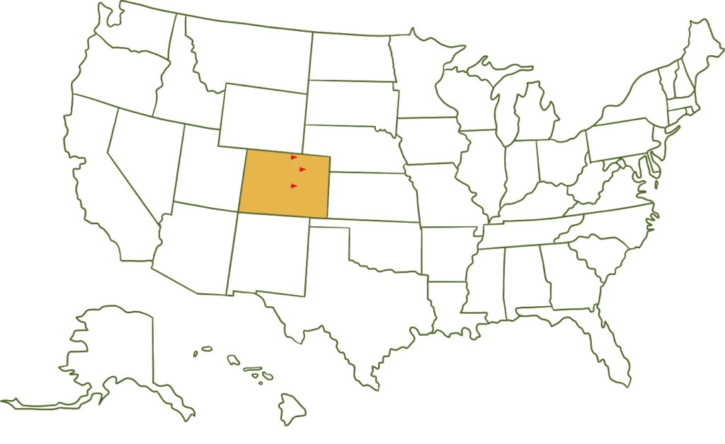 Map showing Colorado as the first Hacker's Haven golf simulator tournament district with regional league locations.