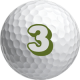 Golf ball with the number 3 representing earning points in a simulator golf league.